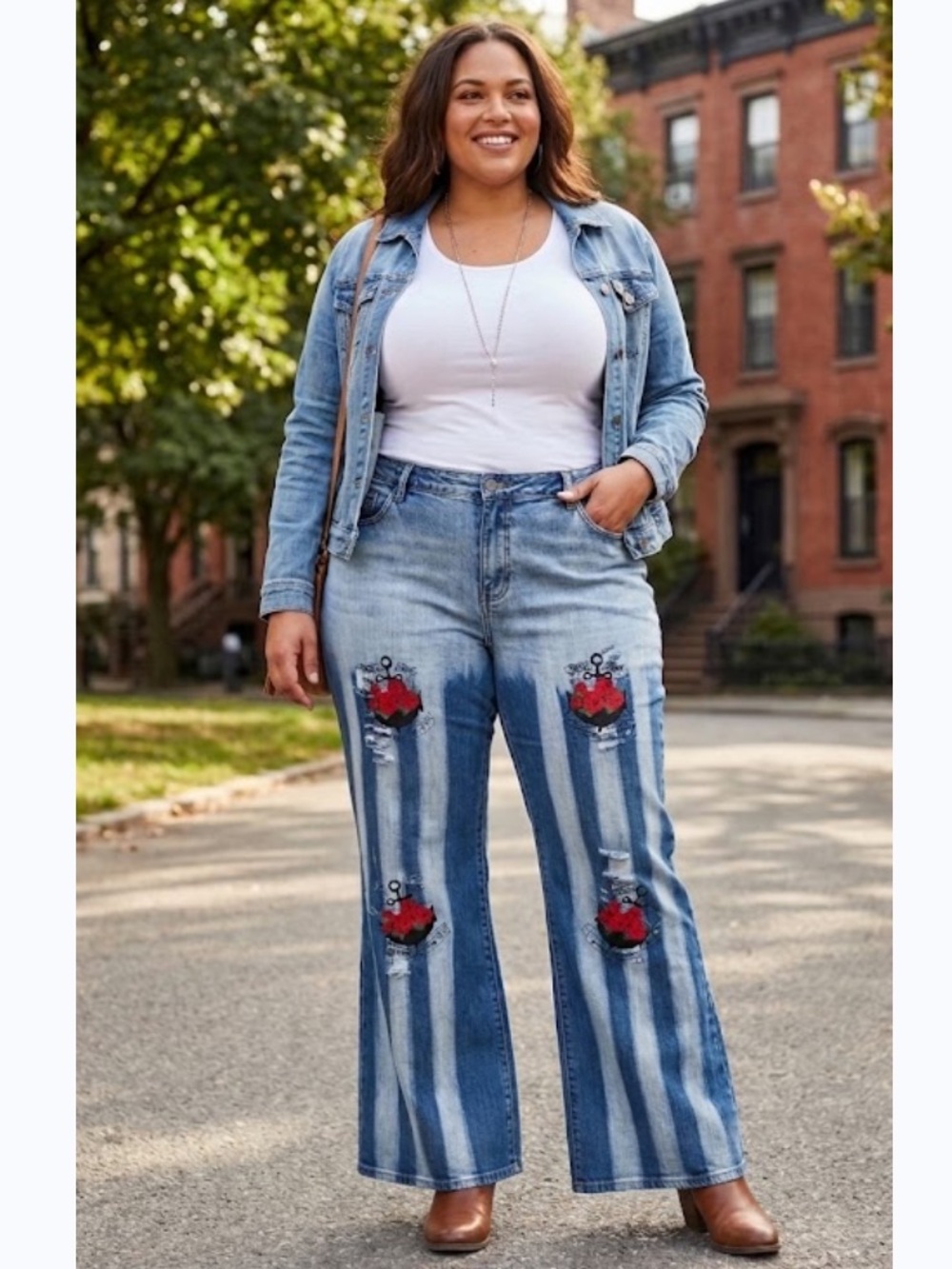 Blue Embroidered Floral Wide-Leg Jeans by
